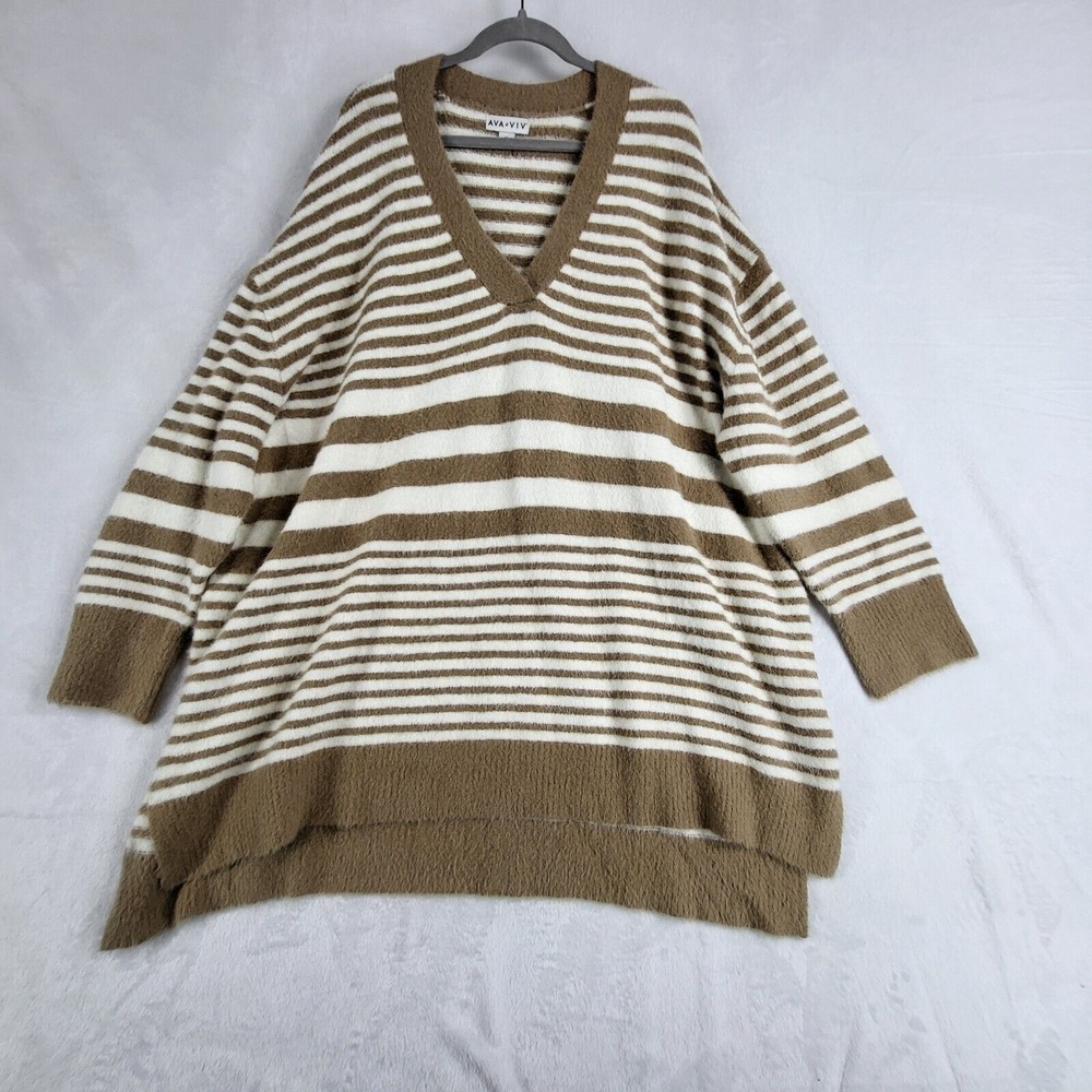 AVA & VIV Long‎ Sleeve Sweater Womens 3X Beige Striped Pull Over V Neck Casual